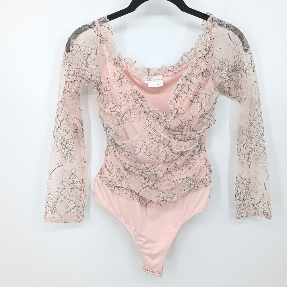 Lovers + Friends Bodysuit Womens Small Pink Floral Lace Ruched Ruffle Balletcore